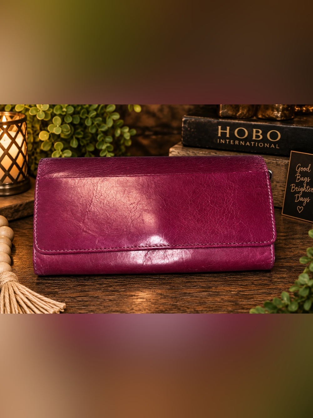 HOBO International Plum Purple Leather Continental Wallet Floral Lining